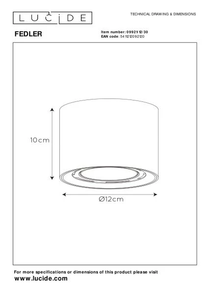 Lucide FEDLER - Plafondspot - Ø 12 cm - LED Dim to warm - GU10 (ES111) - 1x12W 2200K/3000K - Zwart - technisch